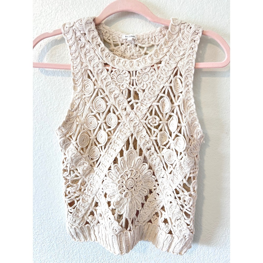 Boho Hippie Crochet Macrame Floral Open Knit Tank Top Cream Sleeveless OS - Picture 2 of 10